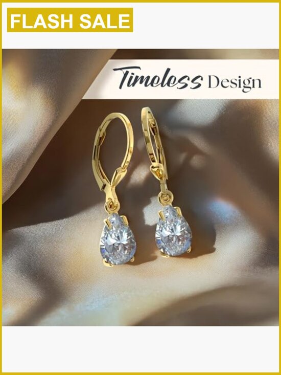 14K Solid White Gold Pear-Cut Teardrop Halo CZ Dangle Drop  14K Gold Plated Leverback Teardrop Earrings CZ Simulated Diamond